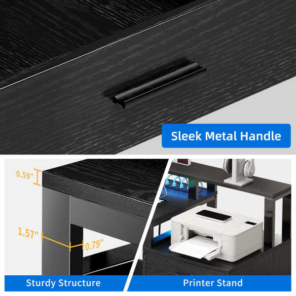 Dextrus 65" L Shaped Desk with Power Outlets and Monitor Stand , Computer Desk with LED Light &File Cabinet, Corner Desk with 3