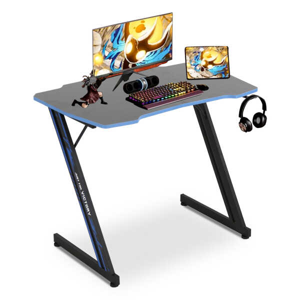 YRLLENSDAN Gaming Collection Z-Shaped Desk with Headphone Hook and Adjustable Feet, Blue