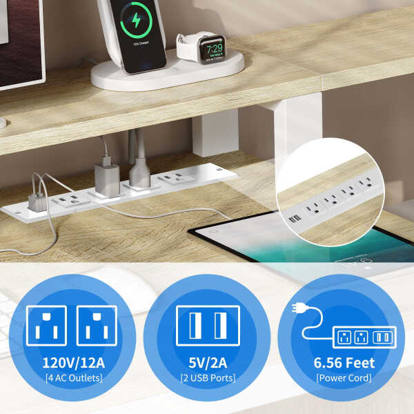 Dextrus 65" L Shaped Desk with Power Outlets and Monitor Stand , Computer Desk with LED Light &File Cabinet, Corner Desk with 3