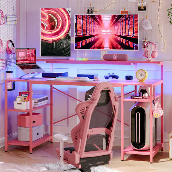 Bestier 55" Gaming Desk with LED Light & Monitor Stand Computer Desk Corner Desk for Home Office, Black Carbon Fiber