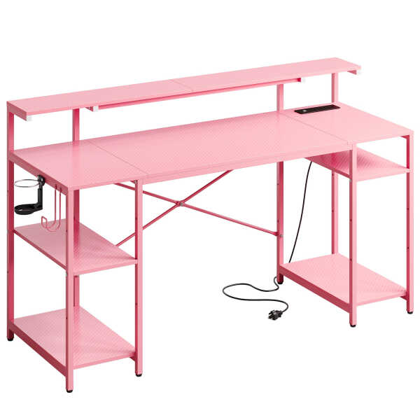 Bestier Gaming Desk with LED Light & Outlets 55" Computer Desk with Monitor Stand, Black Carbon Fiber