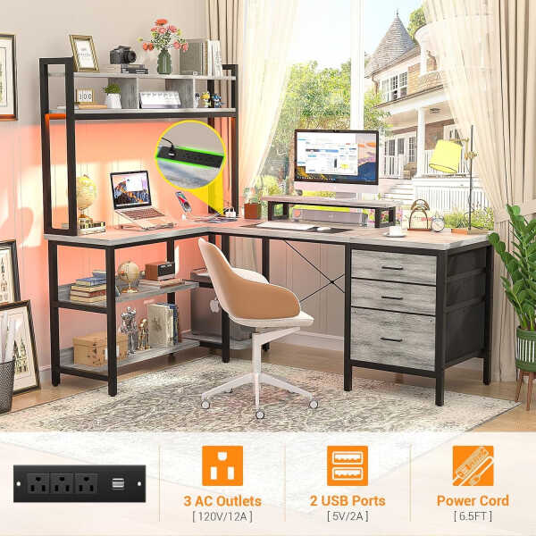 iSunirm L Shaped Gaming Desk with Storage, Computer Gaming Desk with LED Lights & Hutch, Reversible Computer Desk with Power