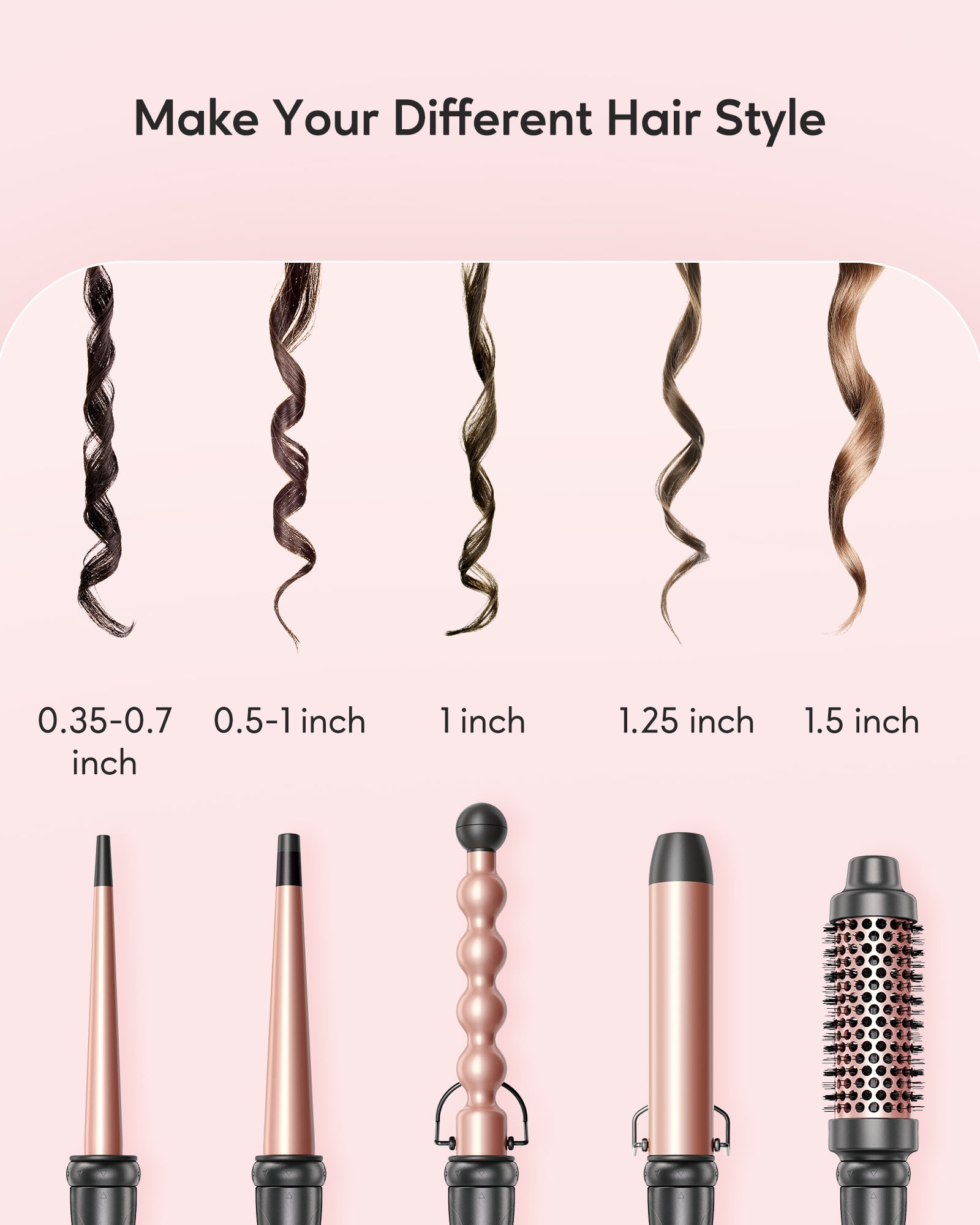 KIPOZI 5 in 1 Curling Iron Wand Set Hair Wand, Instant Heating, with 4 Ceramic Barrels and 1 Curling Iron Brush