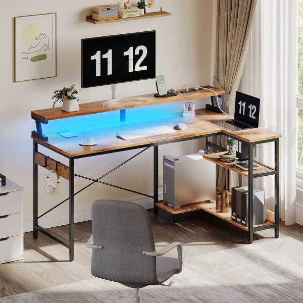 48 inch Reversible L Shaped Gaming Desk with LED Lights & Power Outlet, Corner Computer Desk with Storage Shelves & CPU Stand,