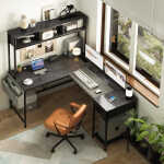 Yoobure 55 inch L Shaped Desk with Power Outlet and LED lights&65292Corner Gaming Desk with Storage Shelf&65292Computer Desk L