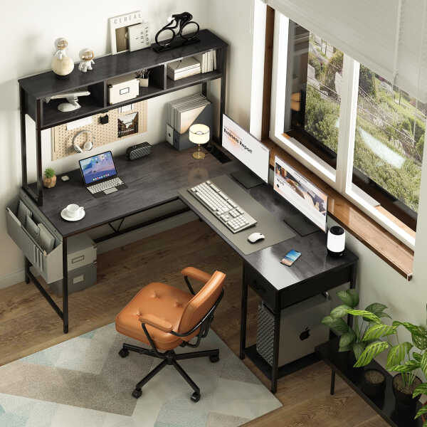 Yoobure 55 inch L Shaped Desk with Power Outlet and LED lights&65292Corner Gaming Desk with Storage Shelf&65292Computer Desk L