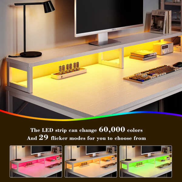 EnHomee 43.3" Gaming Desk with LED Lights & Power Outlets, Computer Desk with Drawers, Home Office Desks with Reversible Shelves