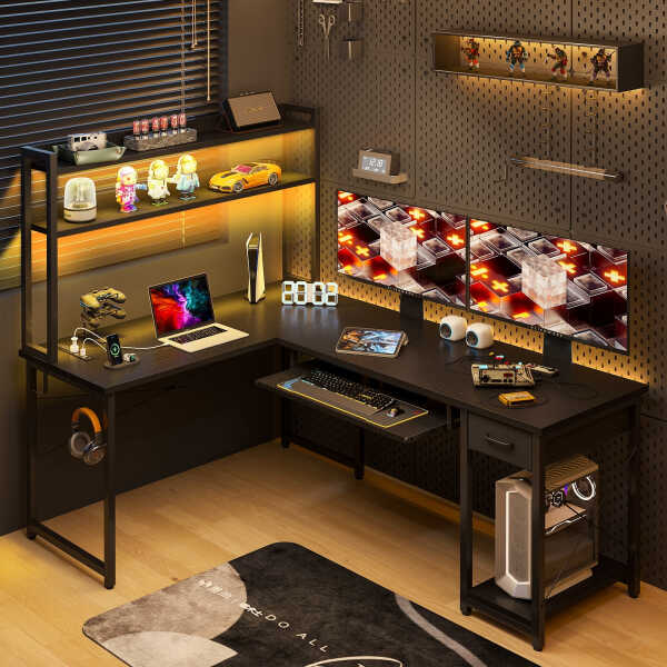 59" Reversible L-Shaped Gaming Desk with Power Outlets & LED Lights, Office Desk with Storage Drawer & Keyboard Tray for Home