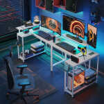 Pinmoco 42" Reversible L-Shaped Gaming Desk with Monitor Stand, LED Lights& Headset Hooks, Home Office, Carbon Fiber Black