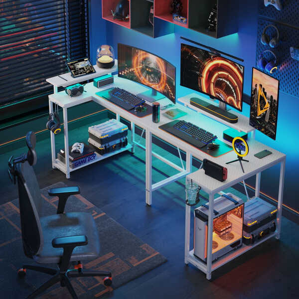Pinmoco 42" Reversible L-Shaped Gaming Desk with Monitor Stand, LED Lights& Headset Hooks, Home Office, Carbon Fiber Black