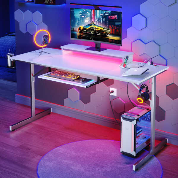 Bestier 63" Gaming Desk with LED Lights & Power Outlets, Computer Desk with Monitor Stand & Keyboard Tray for Home Office,