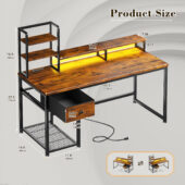 EnHomee 43.3" Gaming Desk with LED Lights & Power Outlets, Computer Desk with Drawers, Home Office Desks with Reversible Shelves