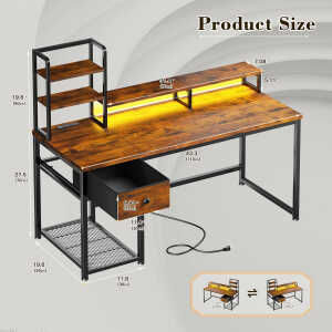 EnHomee 43.3" Gaming Desk with LED Lights & Power Outlets, Computer Desk with Drawers, Home Office Desks with Reversible Shelves