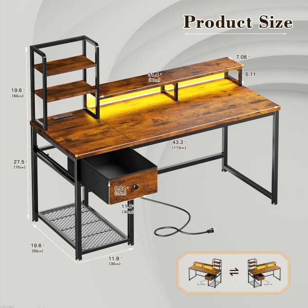EnHomee 43.3" Gaming Desk with LED Lights & Power Outlets, Computer Desk with Drawers, Home Office Desks with Reversible Shelves