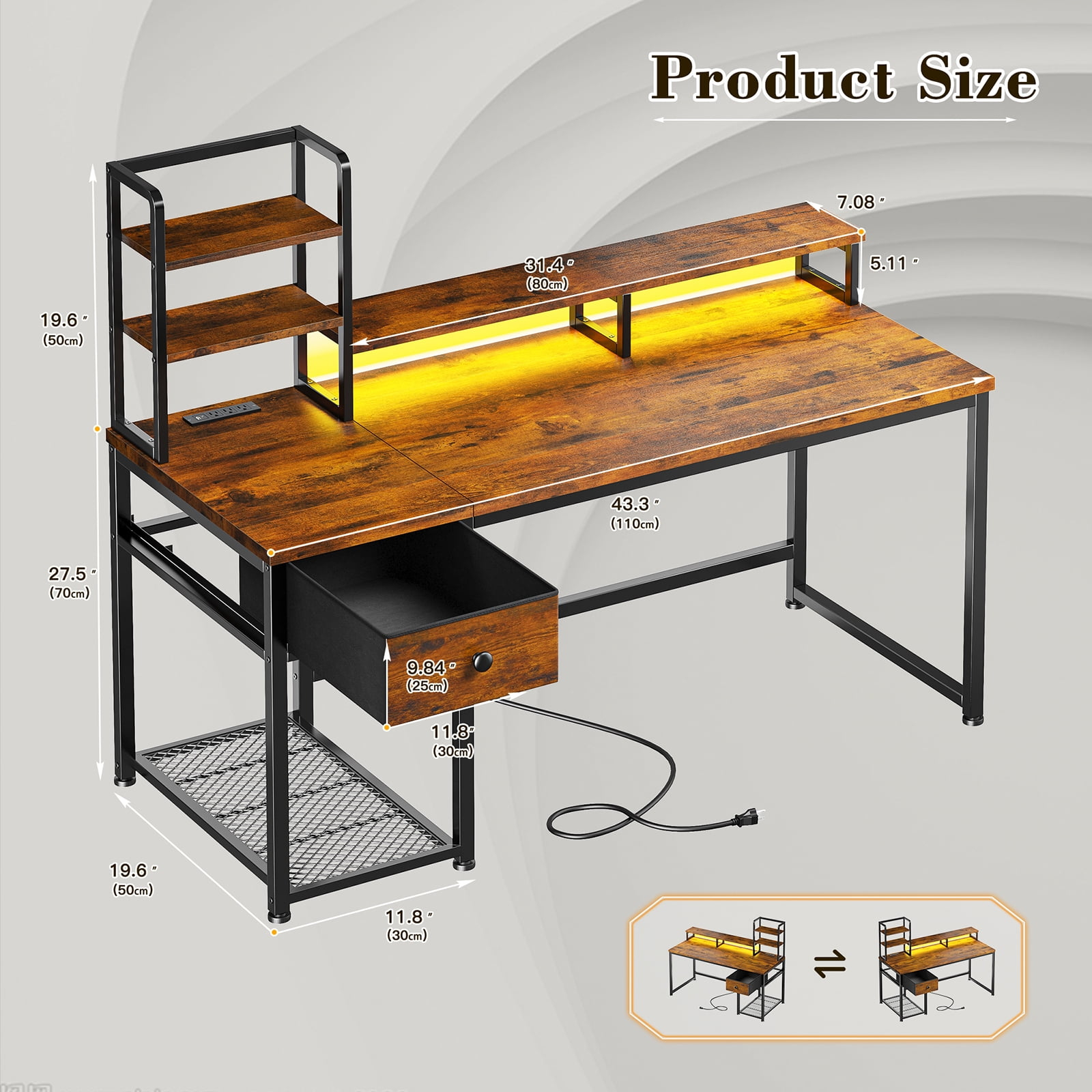 EnHomee 43.3" Gaming Desk with LED Lights & Power Outlets, Computer Desk with Drawers, Home Office Desks with Reversible Shelves