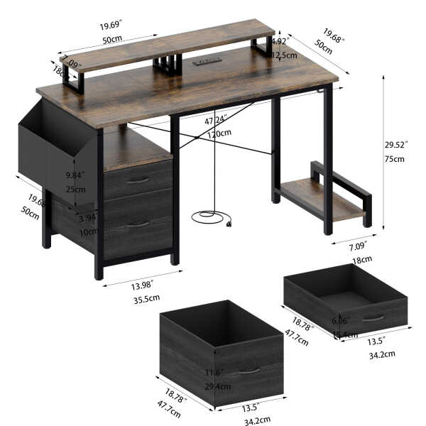 Furnibear Computer Desk with Drawer and Power Outlets, 47" Office Desk with 2 Monitor Stands and Fabric File Cabinet for Home