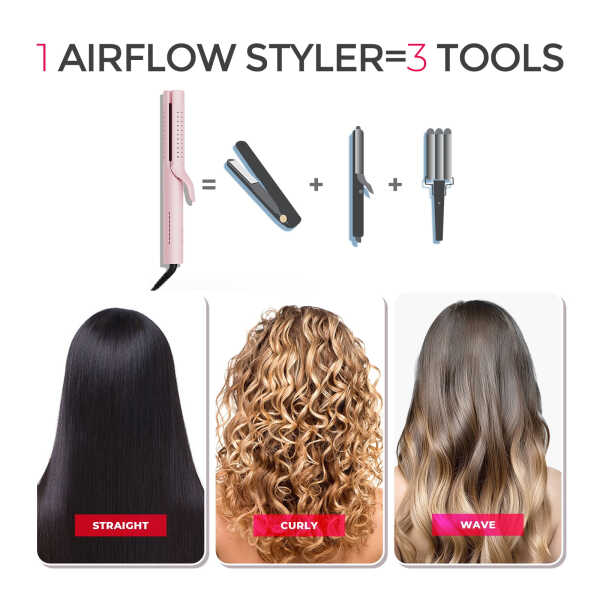 TYMO 360&deg Airflow Curling Iron, Flat Iron Hair Straightener and Curler 2 in 1, 5 Temps & Dual Voltage, 1.25 Inch, Pink