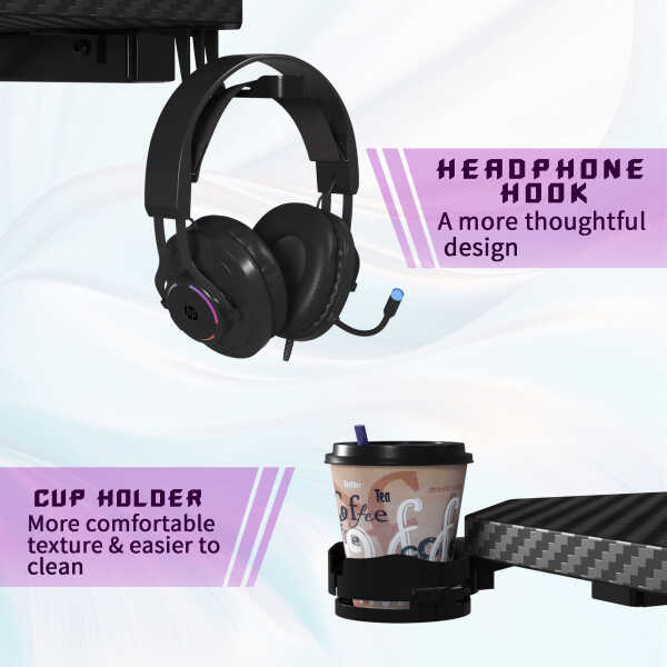 Homall 44 Inches Z-Shaped Gaming Desk Carbon Fiber Surface Desk with Cup Holder & Headphone Hook, Black