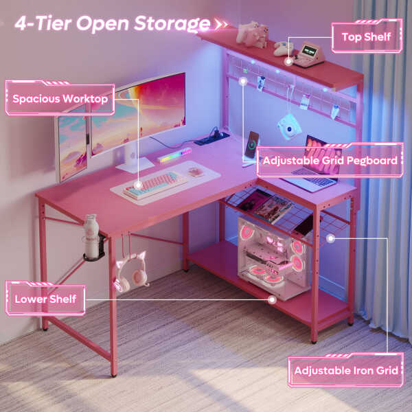 Bestier 42 inch Gaming Desk with LED Lights & Power Outlet, Reversible L Shaped Computer Desk with Hutch & Storage Shelves,
