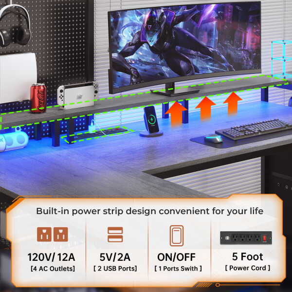 67" L Shaped Desk with Drawers, Computer Office Desk with Storage Shelves & Power Outlet, Reversible Gaming Desk with LED Lights