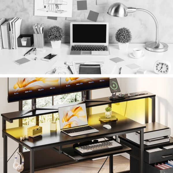 55 Inch Reversible Gaming Desk with Power Outlets and LED Light, Office Desk with File Cabinet & Drawer, Computer Desk with