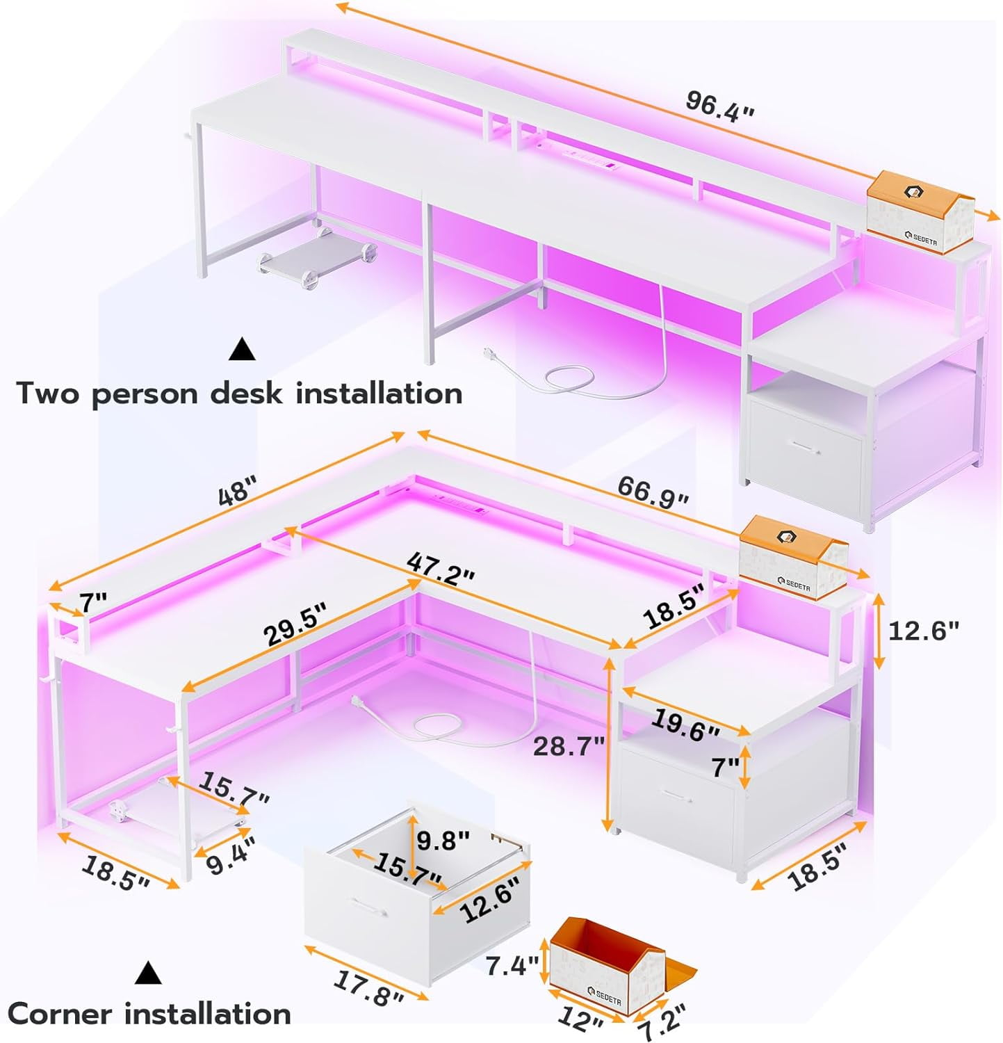 L Shaped Desk with Power Outlet and LED Lights, Corner Computer Desk with File Drawer for Home Office, Gaming Desk, Rustic Brown