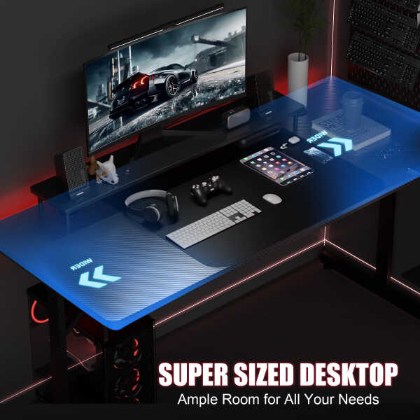 GTRACING 55" Large RGB Sturdy Gaming Desk with Mouse Pad T-Shaped Office Chair Computer Desk Spacious Work Surface Table, Black