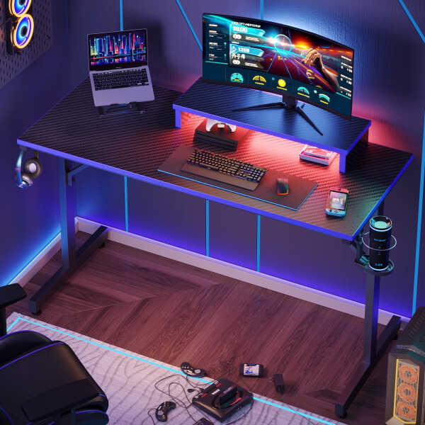 Bestier 42" Gaming Desk PC Computer Office Gamer Table Desk with LED Lights & Monitor Stand in Red