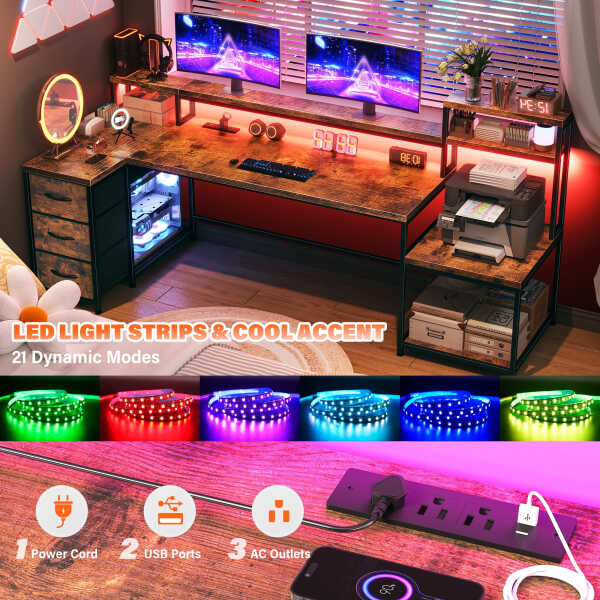 Enhomee 70.9" L Shaped Gaming Desk, Computer Desk with Power Outlet & LED Light, Home Office Desks with Drawers, Black