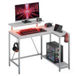 Pinmoco 42" Reversible L-Shaped Gaming Desk with Monitor Stand, LED Lights& Headset Hooks, Home Office, Carbon Fiber Black
