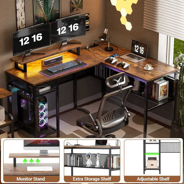 Homieasy L Shaped Computer Desk with Magic Power Outlets and Smart LED Light, Reversible 55 Inch Corner Office Desk with Monitor