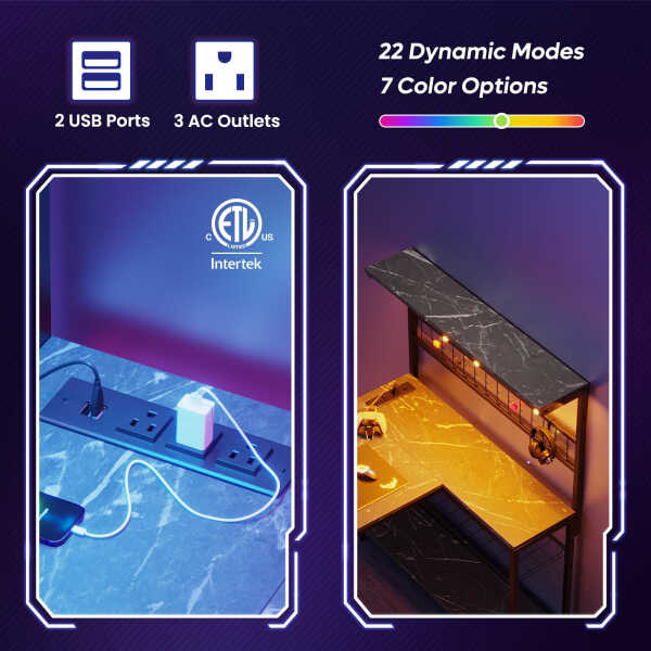 Bestier 42 inch Gaming Desk with LED Lights & Power Outlet, Reversible L Shaped Computer Desk with Hutch & Storage Shelves,