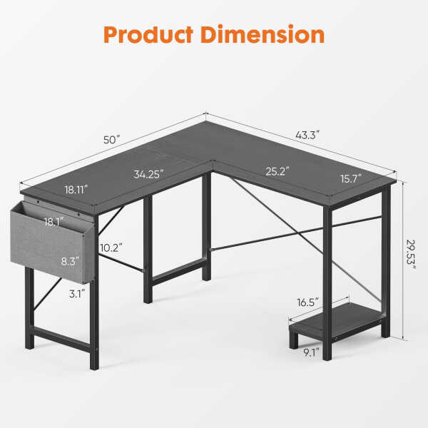 CONCETTA 49 Inch Modern L Shaped Computer Desk with Lower Storage Shelf & Side Bag, Two-Way Convertible Corner Gaming Table for
