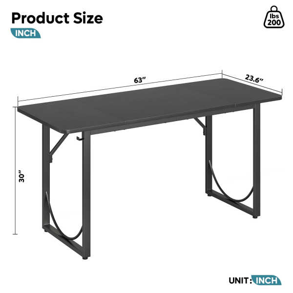 Pinmoco 63" Executive Desk, Lager Writing Desk with Metal Frame, Home and Office, Black with Walnut