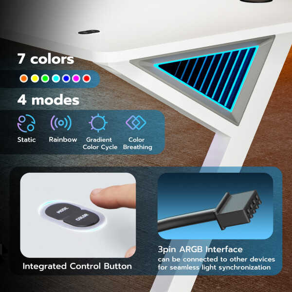 ARES WING 47" Gaming Table with LED Light, Computer Desk for Adult, PC Ergonomic Table White
