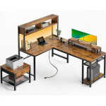 CHITOOMA 67 Inch Reversible L-Shaped Computer Desk Gaming Desk with Power Outlets,USB Ports,LED Strip,Storage Shelves & Monitor