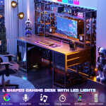 iSunirm Desk with LED Light and Power Outlet, 47.2'' Gaming Desk with Hutch, Reversible Computer Desk with Drawers, and Storage
