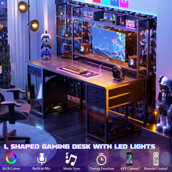 iSunirm Desk with LED Light and Power Outlet, 47.2'' Gaming Desk with Hutch, Reversible Computer Desk with Drawers, and Storage