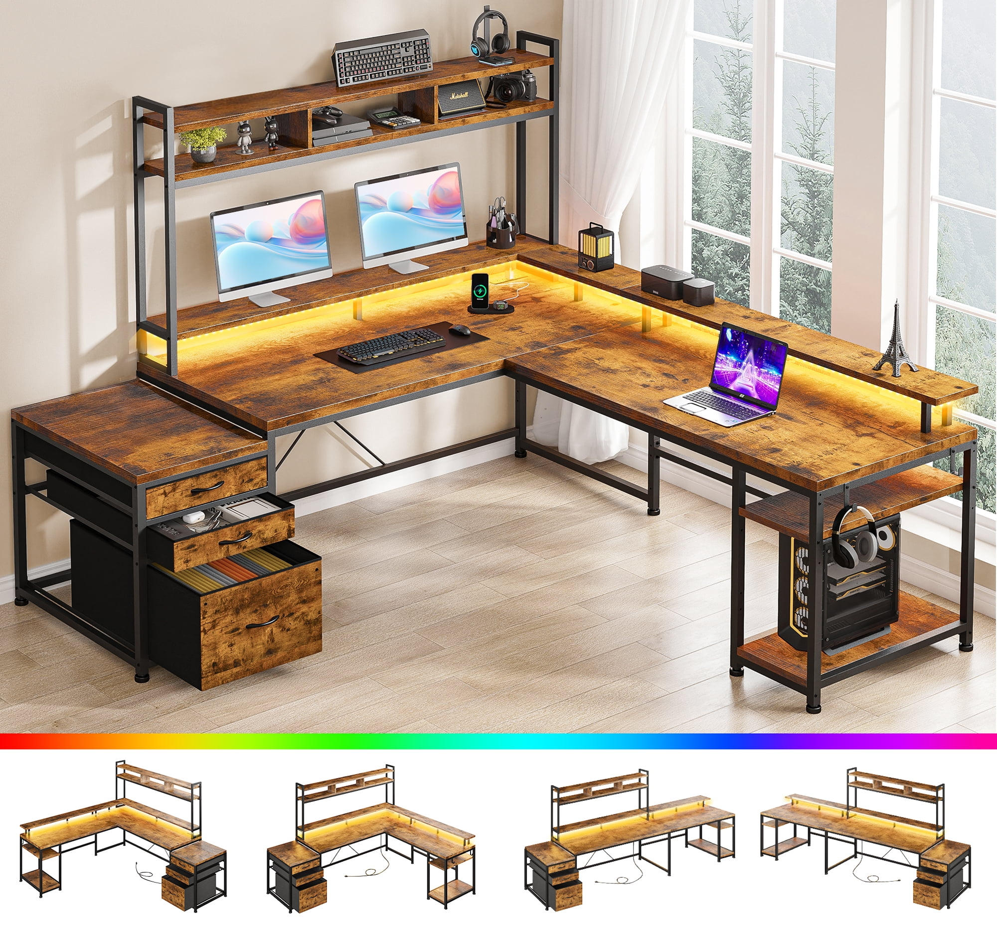 Enhomee L Shaped Desk, Gaming Desks with Power Outlet & LED Light Computer Deskwith Drawers & Storage Shelves Black
