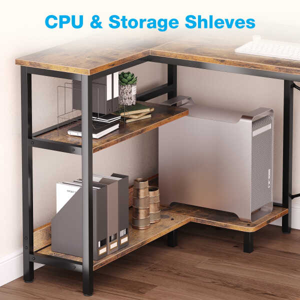 48 inch Reversible L Shaped Gaming Desk with LED Lights & Power Outlet, Corner Computer Desk with Storage Shelves & CPU Stand,