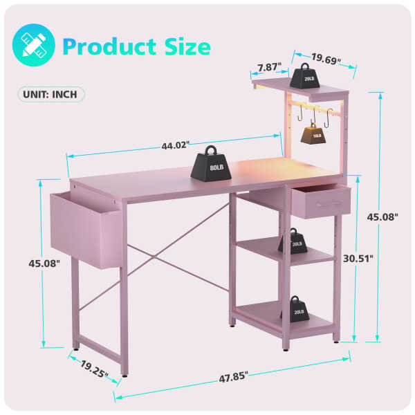 Eunon 44 inch Gaming Computer Desk with LED Lights, Reversible 4 Tier Storage Shelves & Drawer,Pink