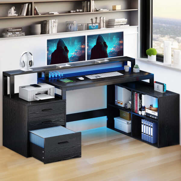 Dextrus 65" L Shaped Desk with Power Outlets and Monitor Stand , Computer Desk with LED Light &File Cabinet, Corner Desk with 3