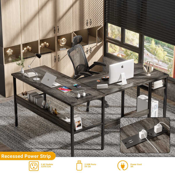 Homieasy Reversible L Shaped Desk with Magic Power Outlets and USB Charging Ports, Sturdy Corner Computer Desk with Storage