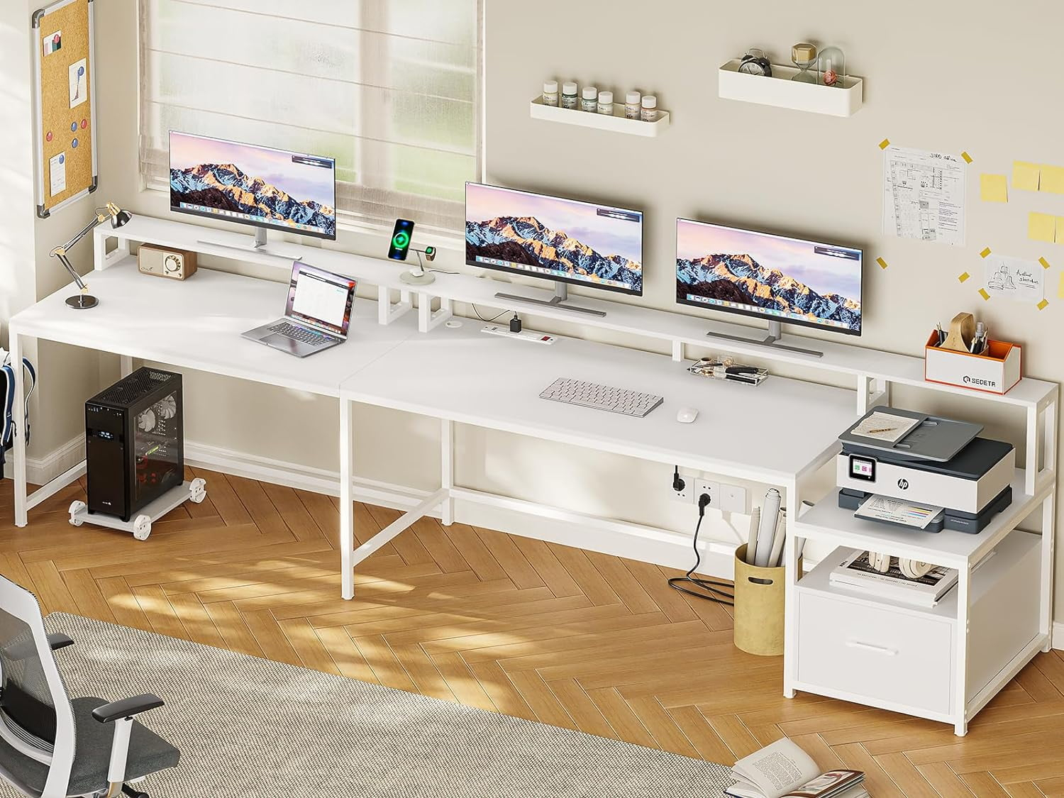 L Shaped Desk with Power Outlet and LED Lights, Corner Computer Desk with File Drawer for Home Office, Gaming Desk, Rustic Brown