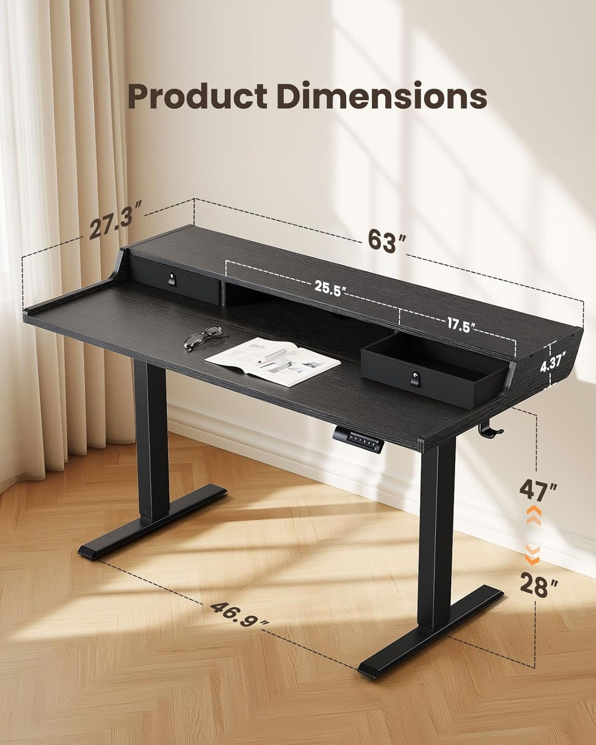 CHITOOMA 63&Prime x 28&Prime Electric Standing Desk with Drawers, Height Adjustable Gaming Desk with Monitor Stand & Storage
