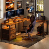 66" L Shaped Computer Desk with Power Outlets, Gaming Desk with Shelf and Drawers for Home Office, Retro Brown