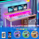 Dextrus 47 inch Computer Desk with Storage Drawers & LED Light, Office Desk with Monitor Stand & Power Outlets, Work Study PC