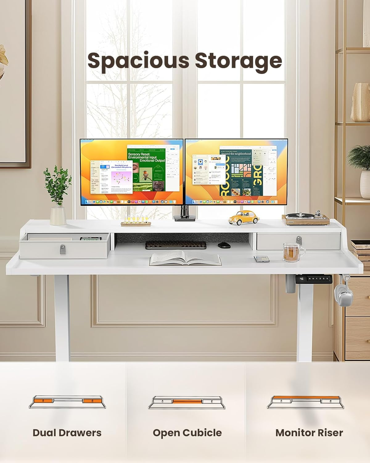 CHITOOMA 63&Prime x 28&Prime Electric Standing Desk with Drawers, Height Adjustable Gaming Desk with Monitor Stand & Storage