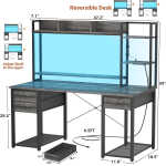 iSunirm Desk with LED Light and Power Outlet, 47.2'' Gaming Desk with Hutch, Reversible Computer Desk with Drawers, and Storage
