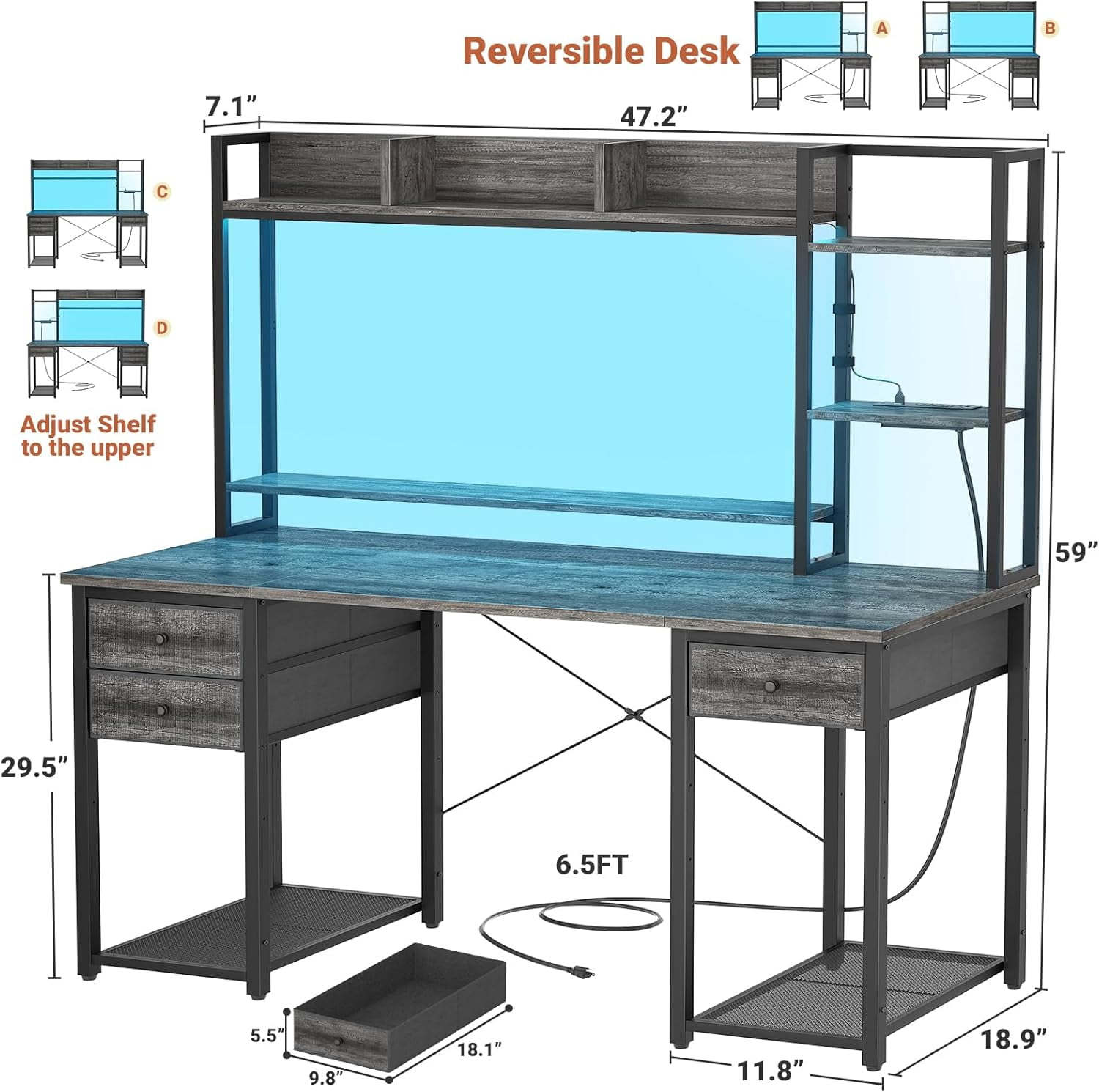 iSunirm Desk with LED Light and Power Outlet, 47.2'' Gaming Desk with Hutch, Reversible Computer Desk with Drawers, and Storage